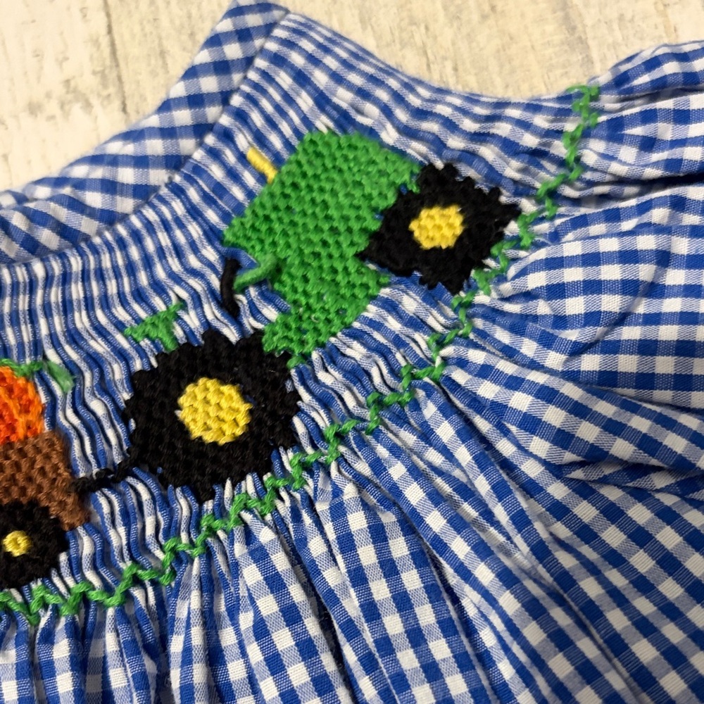 Banana Split Pumpkin Farm Gingham Kids Smocked Dress with Tractor Design - Picture 6 of 9